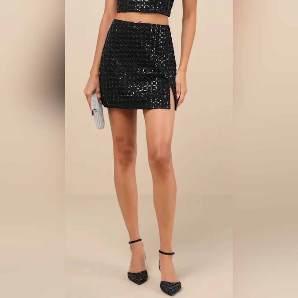 Lulu's Black Sequin Mini Skirt EUC Whimisigoth Coquette‎ Dark Romantic